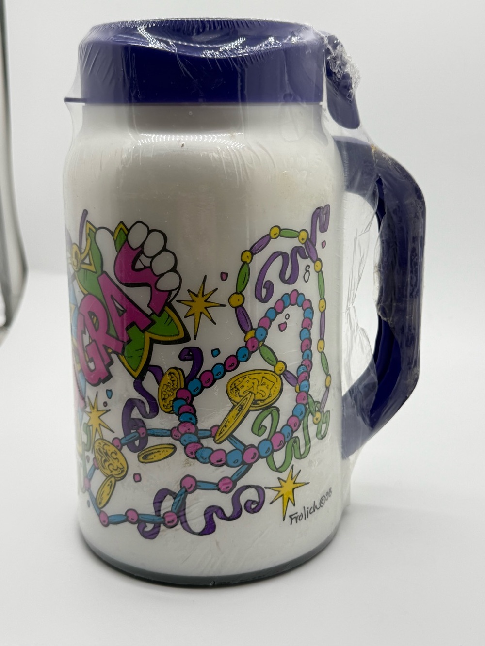 Vintage 1998 Frolich Happy Mardi Gras Insulated Mug NOS Y2K New Orleans